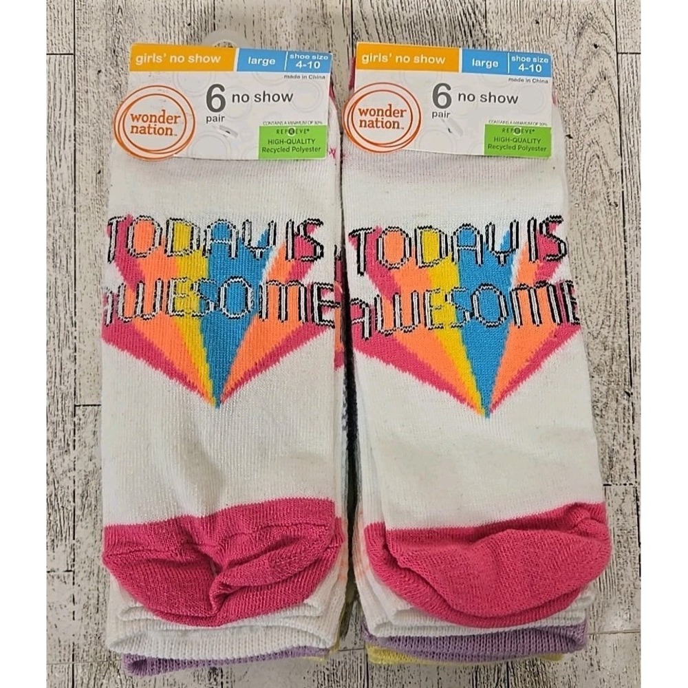Wonder Nation No Show Girls Socks Shoe Size 4-10 Large 6pk Lot of 2 NEW